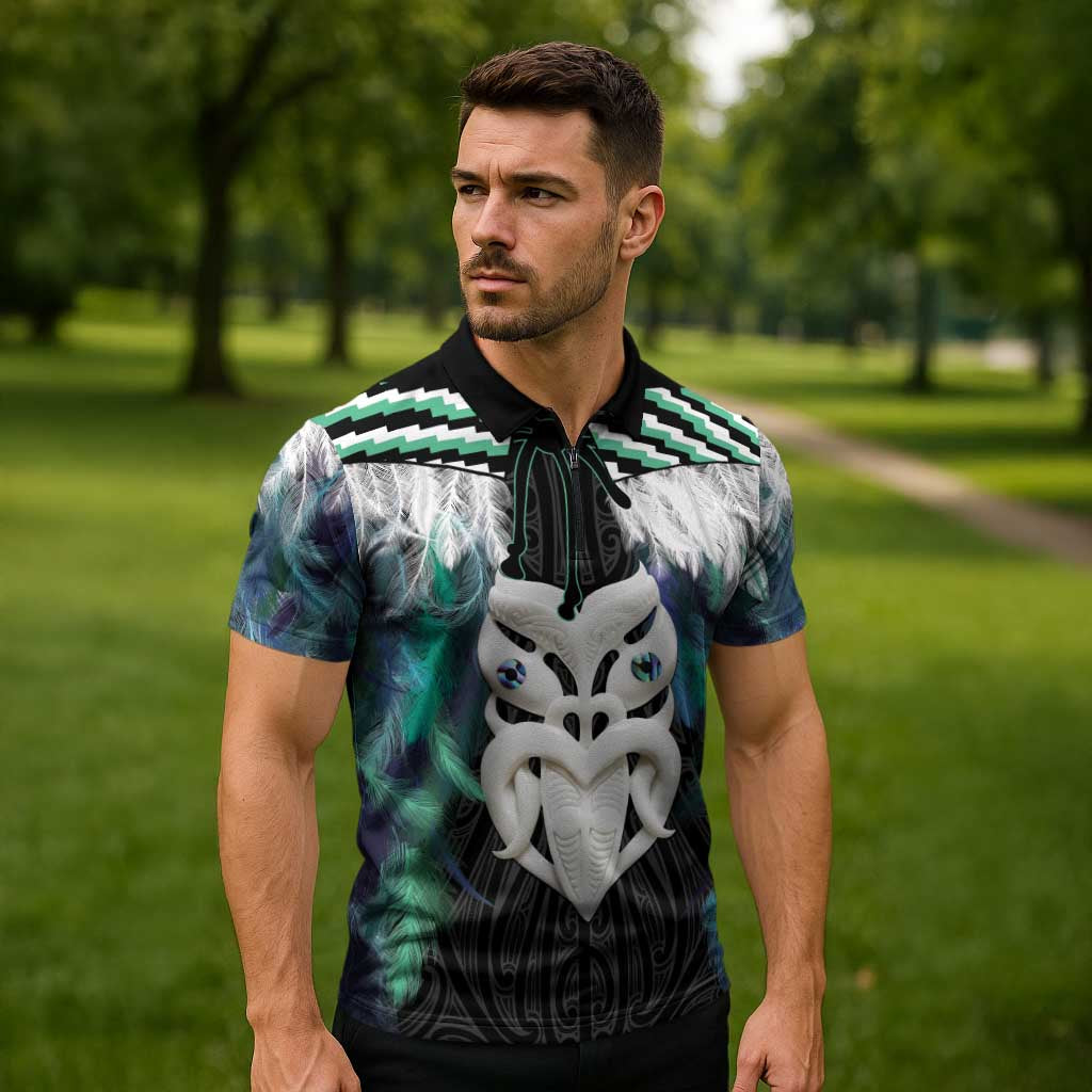 Aotearoa Korowai Motif Zipper Polo Shirt Maori Wheku Poutama - Polynesian Pride