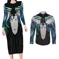 Aotearoa Korowai Motif Couples Matching Long Sleeve Bodycon Dress and Long Sleeve Button Shirt Maori Tane Poutama