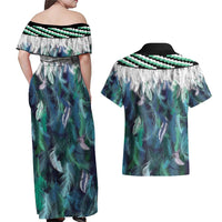 Aotearoa Korowai Motif Couples Matching Off Shoulder Maxi Dress and Hawaiian Shirt Maori Tane Poutama