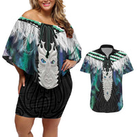 Aotearoa Korowai Motif Couples Matching Off Shoulder Short Dress and Hawaiian Shirt Maori Tane Poutama
