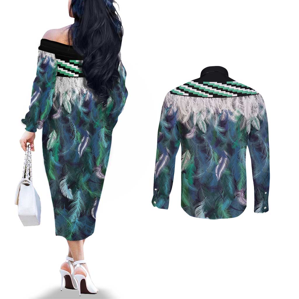 Aotearoa Korowai Motif Couples Matching Off The Shoulder Long Sleeve Dress and Long Sleeve Button Shirt Maori Tane Poutama