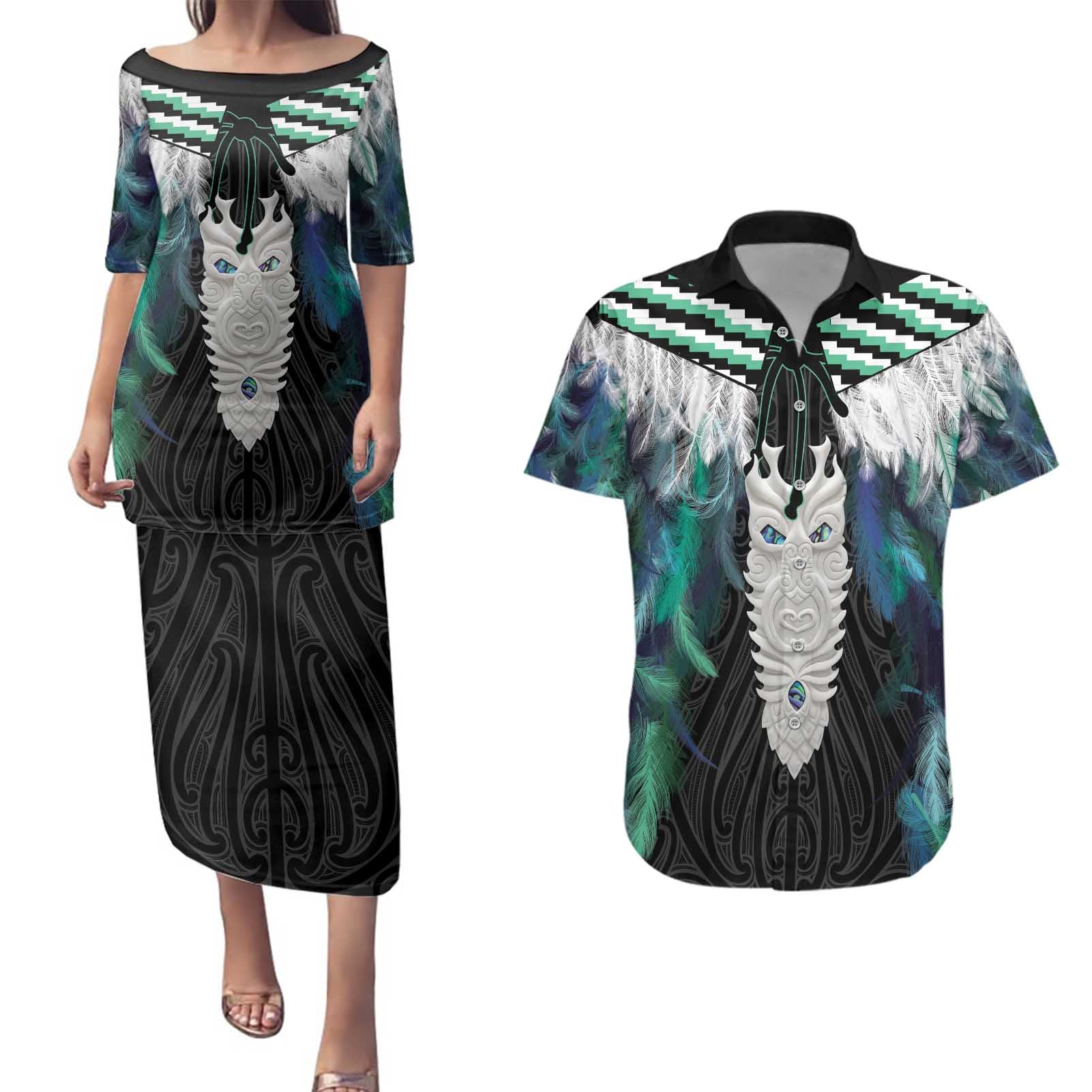 Aotearoa Korowai Motif Couples Matching Puletasi and Hawaiian Shirt Maori Tane Poutama
