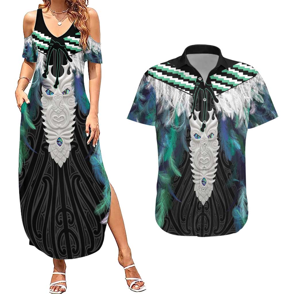 Aotearoa Korowai Motif Couples Matching Summer Maxi Dress and Hawaiian Shirt Maori Tane Poutama