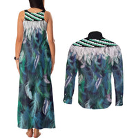 Aotearoa Korowai Motif Couples Matching Tank Maxi Dress and Long Sleeve Button Shirt Maori Tane Poutama