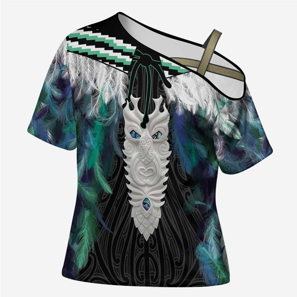 Aotearoa Korowai Motif Cross Shoulder Shirt Maori Tane Poutama LT14 Female Turquoise - Polynesian Pride