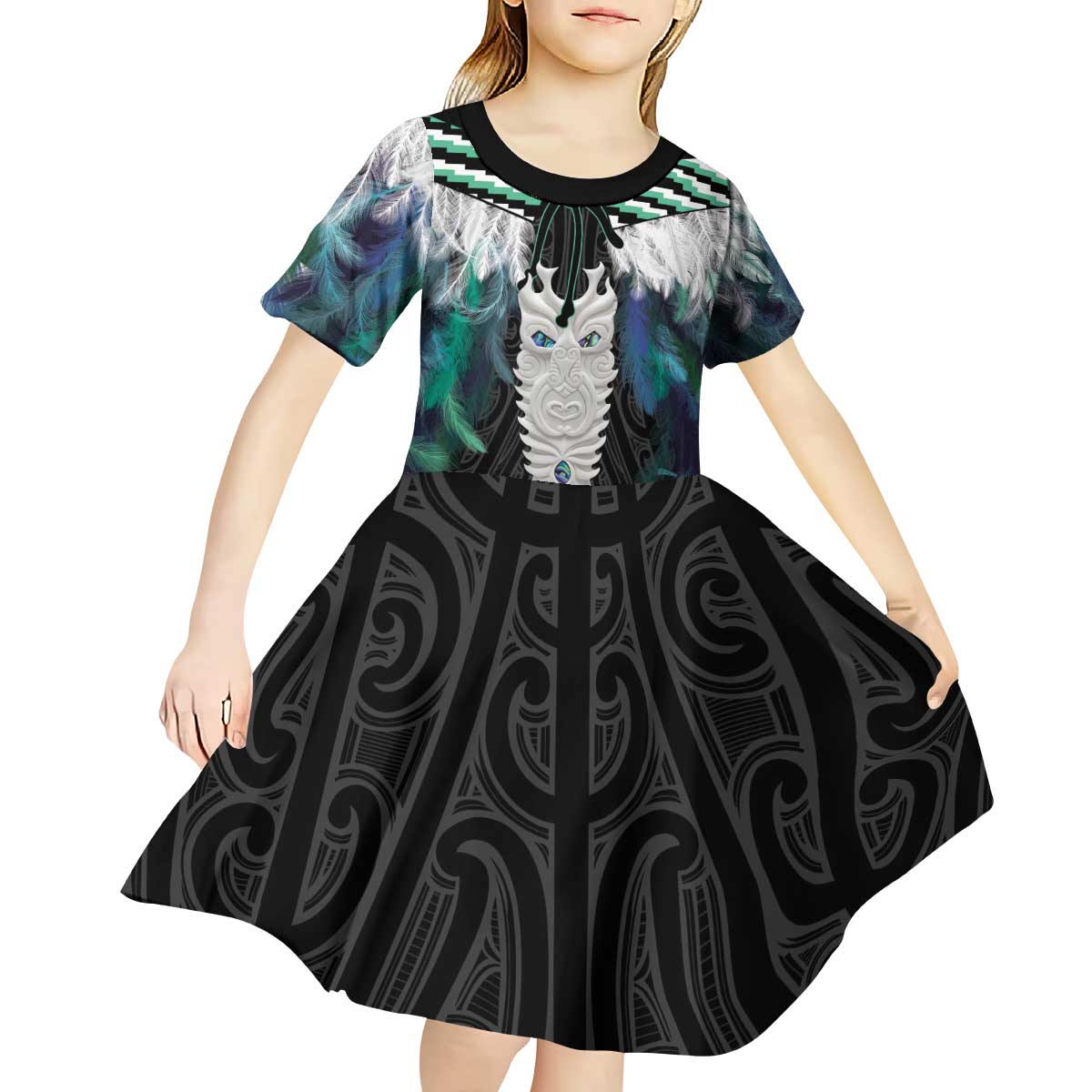 Aotearoa Korowai Motif Kid Short Sleeve Dress Maori Tane Poutama LT14 - Polynesian Pride