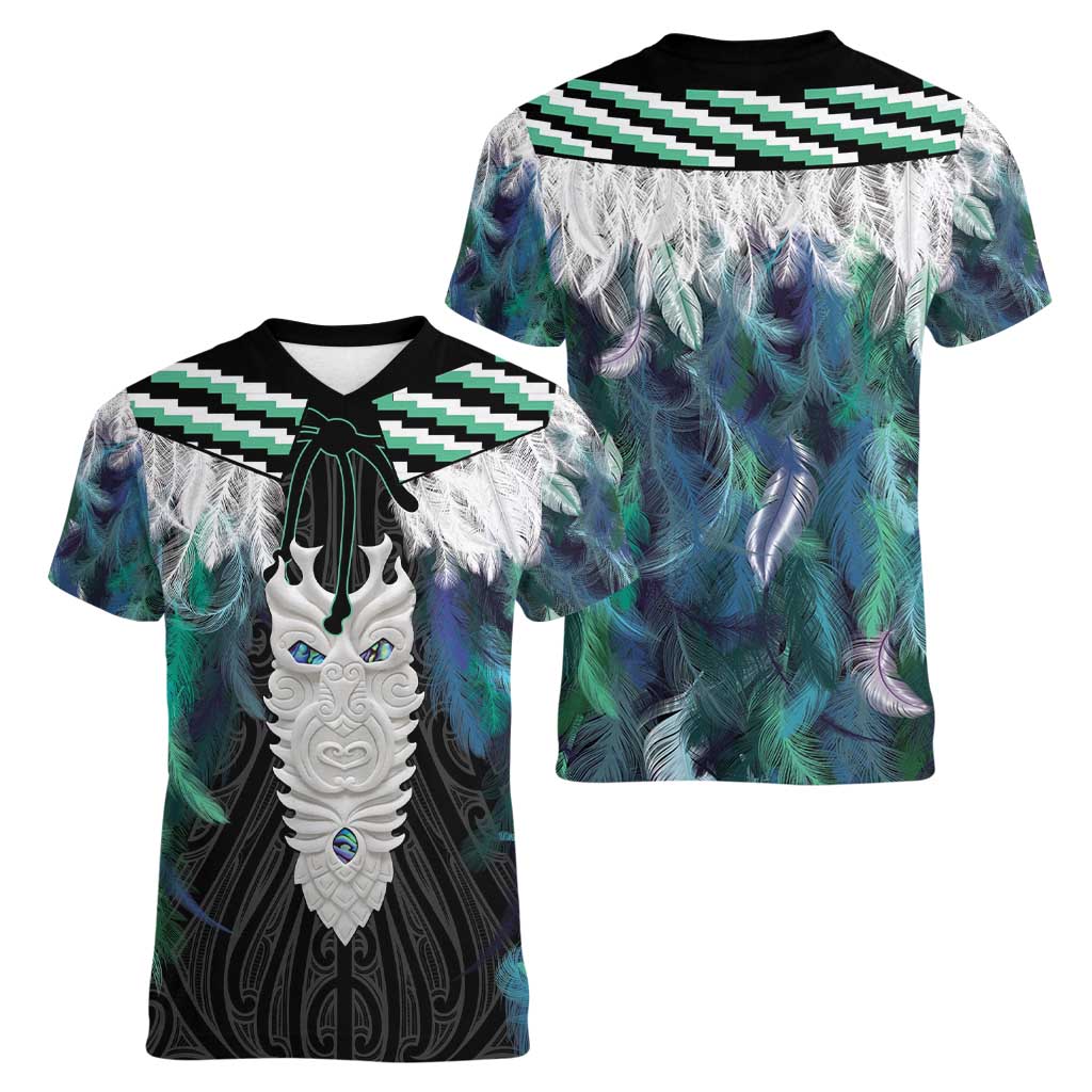 Aotearoa Korowai Motif Women V-Neck T-Shirt Maori Tane Poutama