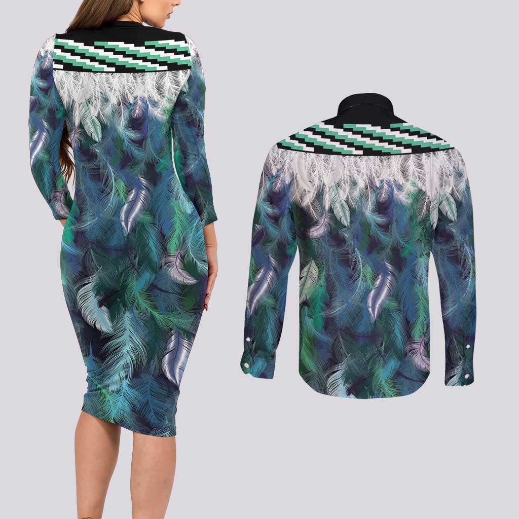 Aotearoa Korowai Motif Couples Matching Long Sleeve Bodycon Dress and Long Sleeve Button Shirt Maori Koru Poutama