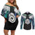 Aotearoa Korowai Motif Couples Matching Off Shoulder Short Dress and Long Sleeve Button Shirt Maori Koru Poutama