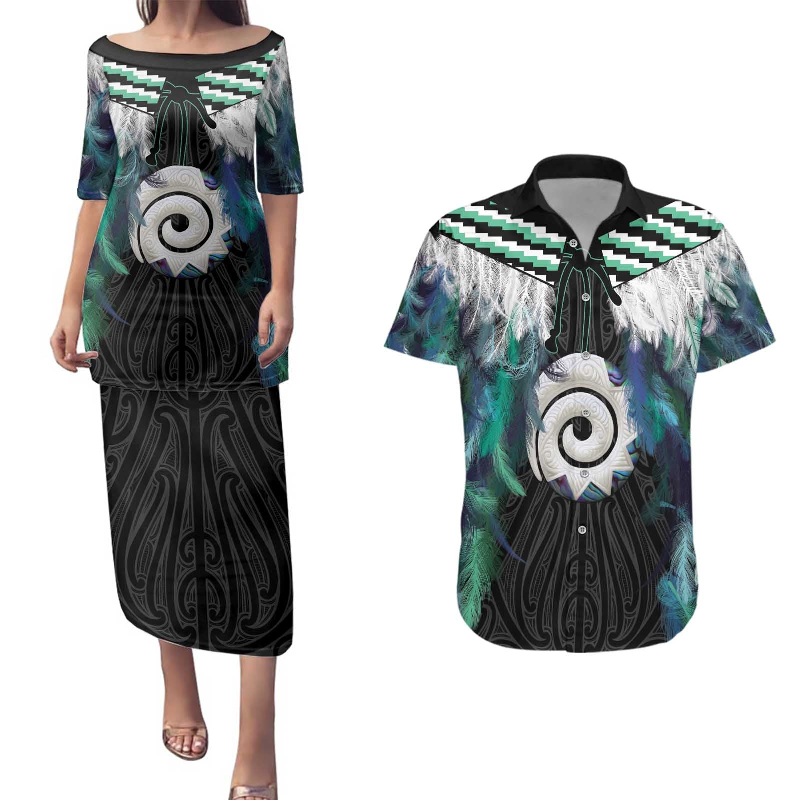 Aotearoa Korowai Motif Couples Matching Puletasi and Hawaiian Shirt Maori Koru Poutama