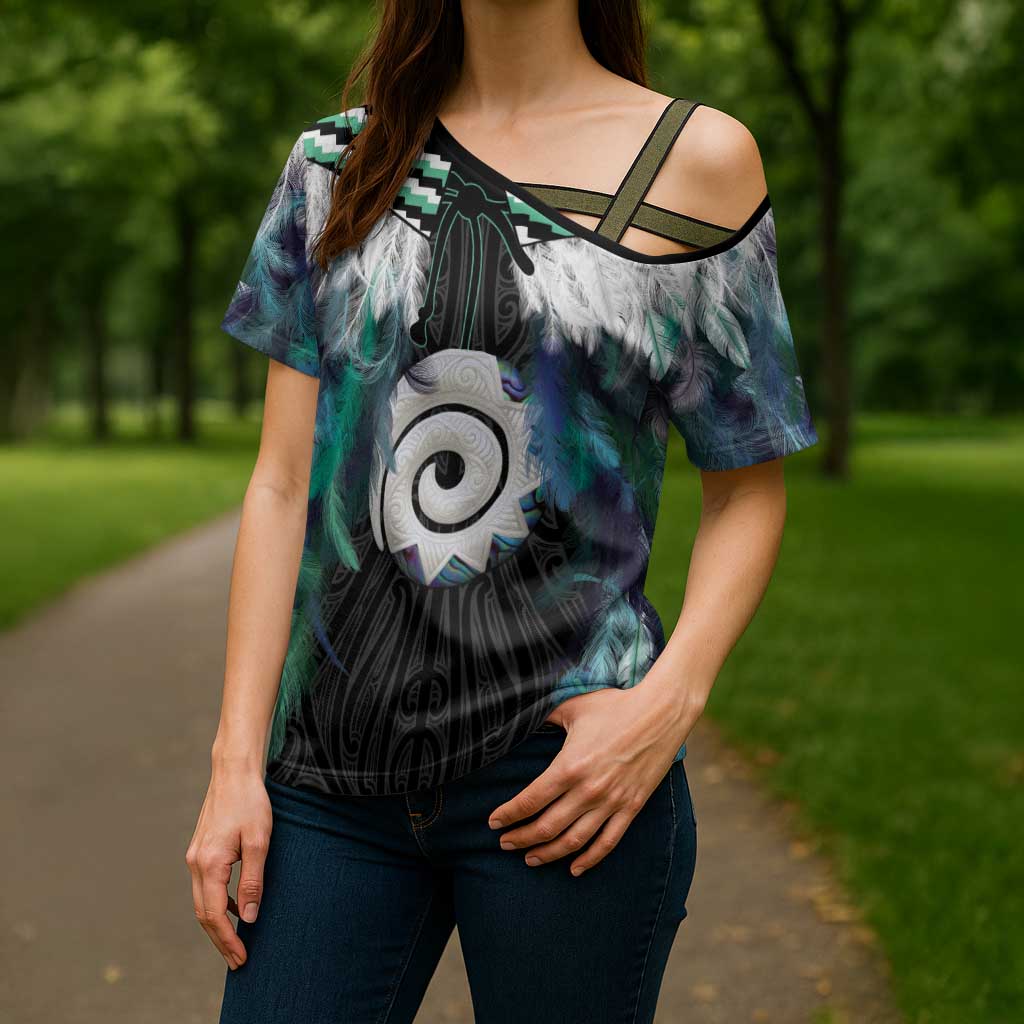 Aotearoa Korowai Motif Cross Shoulder Shirt Maori Koru Poutama - Polynesian Pride