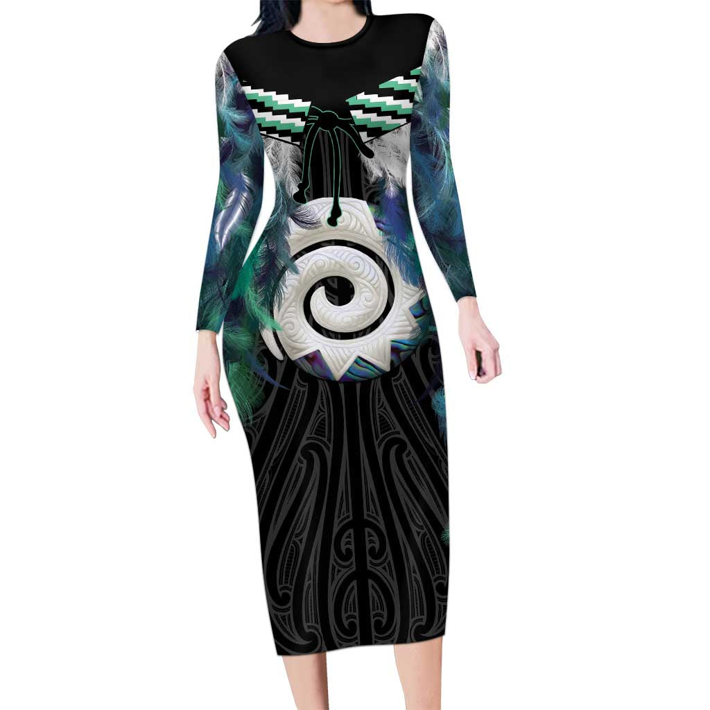 Aotearoa Korowai Motif Long Sleeve Bodycon Dress Maori Koru Poutama