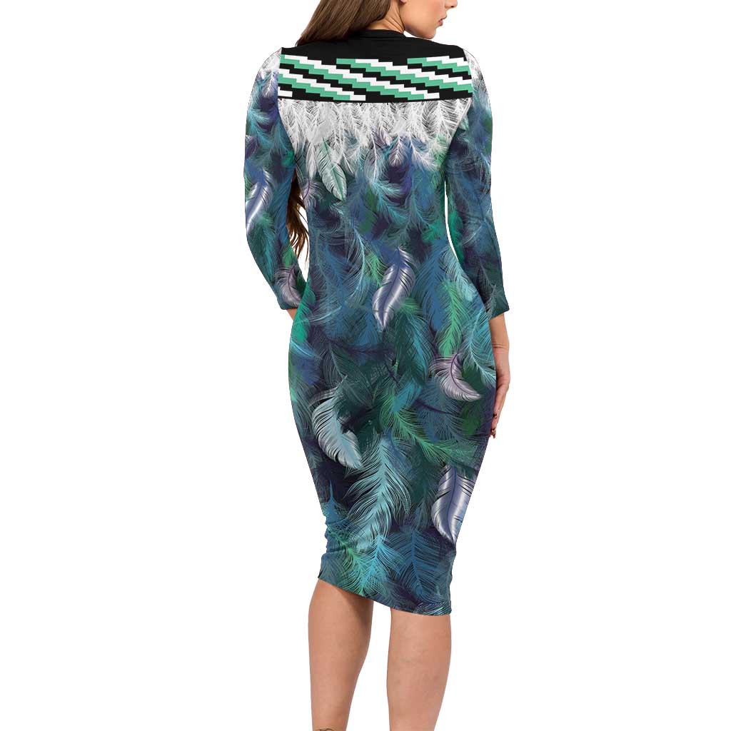 Aotearoa Korowai Motif Long Sleeve Bodycon Dress Maori Koru Poutama