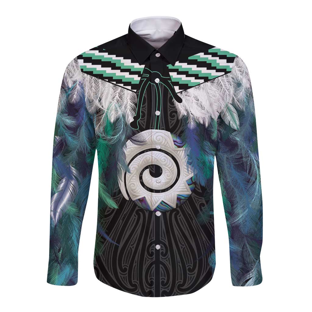 Aotearoa Korowai Motif Long Sleeve Button Shirt Maori Koru Poutama LT14 Unisex Turquoise - Polynesian Pride