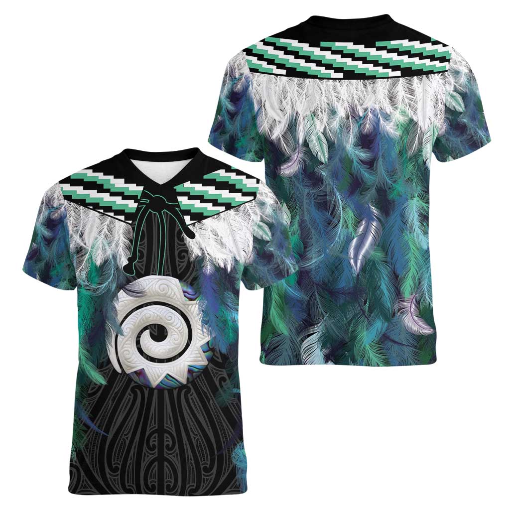 Aotearoa Korowai Motif Women V-Neck T-Shirt Maori Koru Poutama