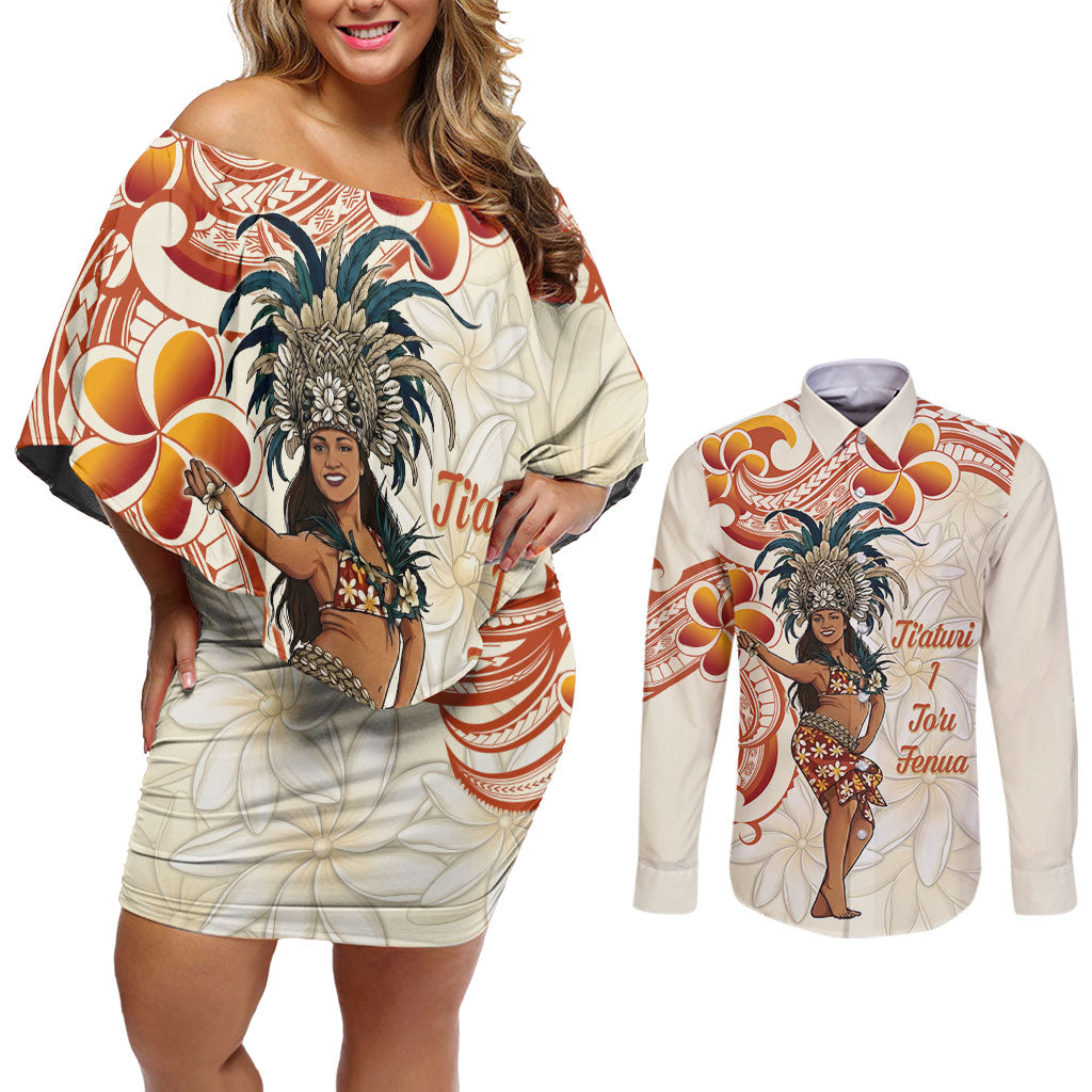 Heiva i Tahiti Couples Matching Off Shoulder Short Dress and Long Sleeve Button Shirt Ori Tahitian Dance Tiare Maori