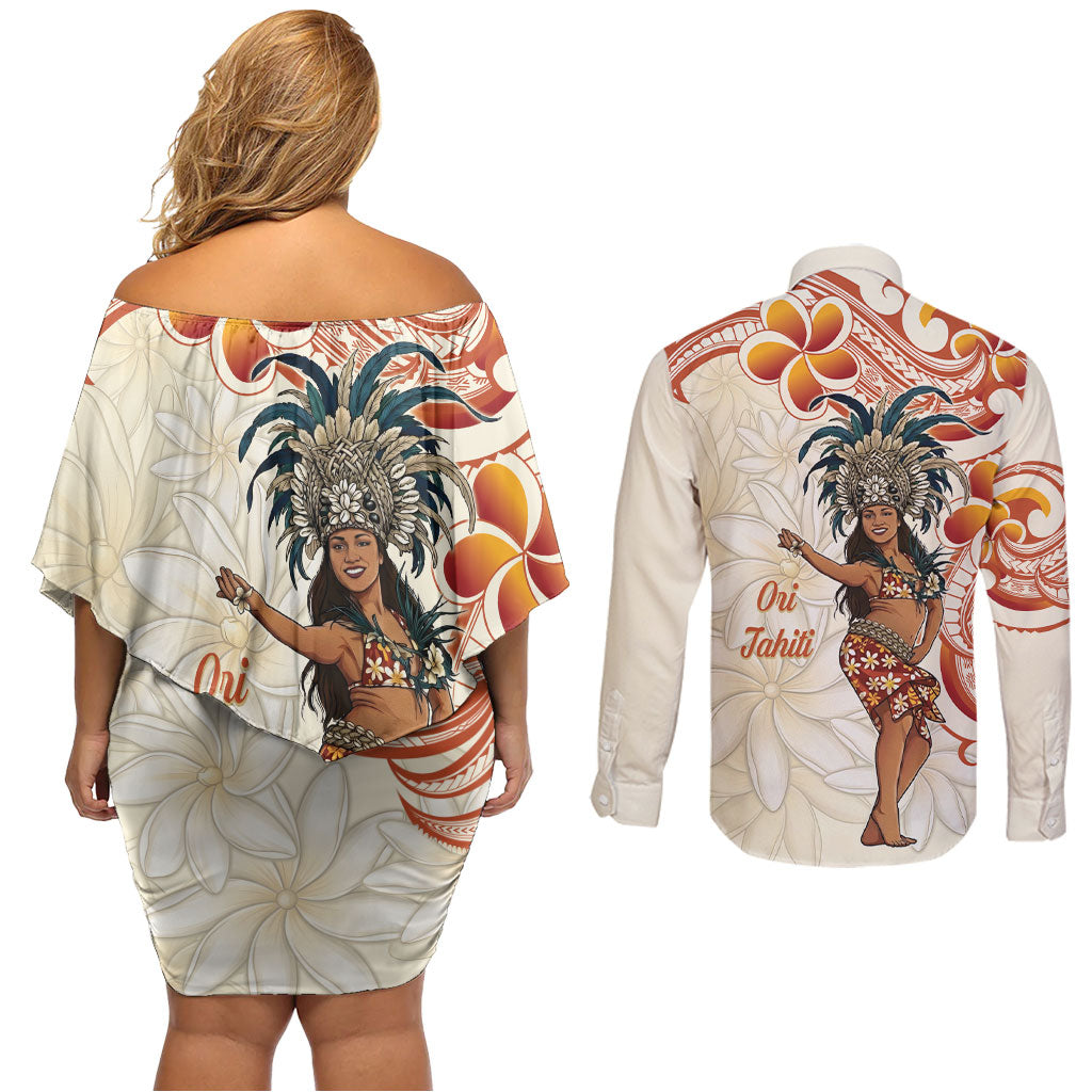 Heiva i Tahiti Couples Matching Off Shoulder Short Dress and Long Sleeve Button Shirt Ori Tahitian Dance Tiare Maori