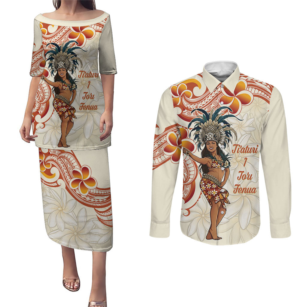 Heiva i Tahiti Couples Matching Puletasi and Long Sleeve Button Shirt Ori Tahitian Dance Tiare Maori