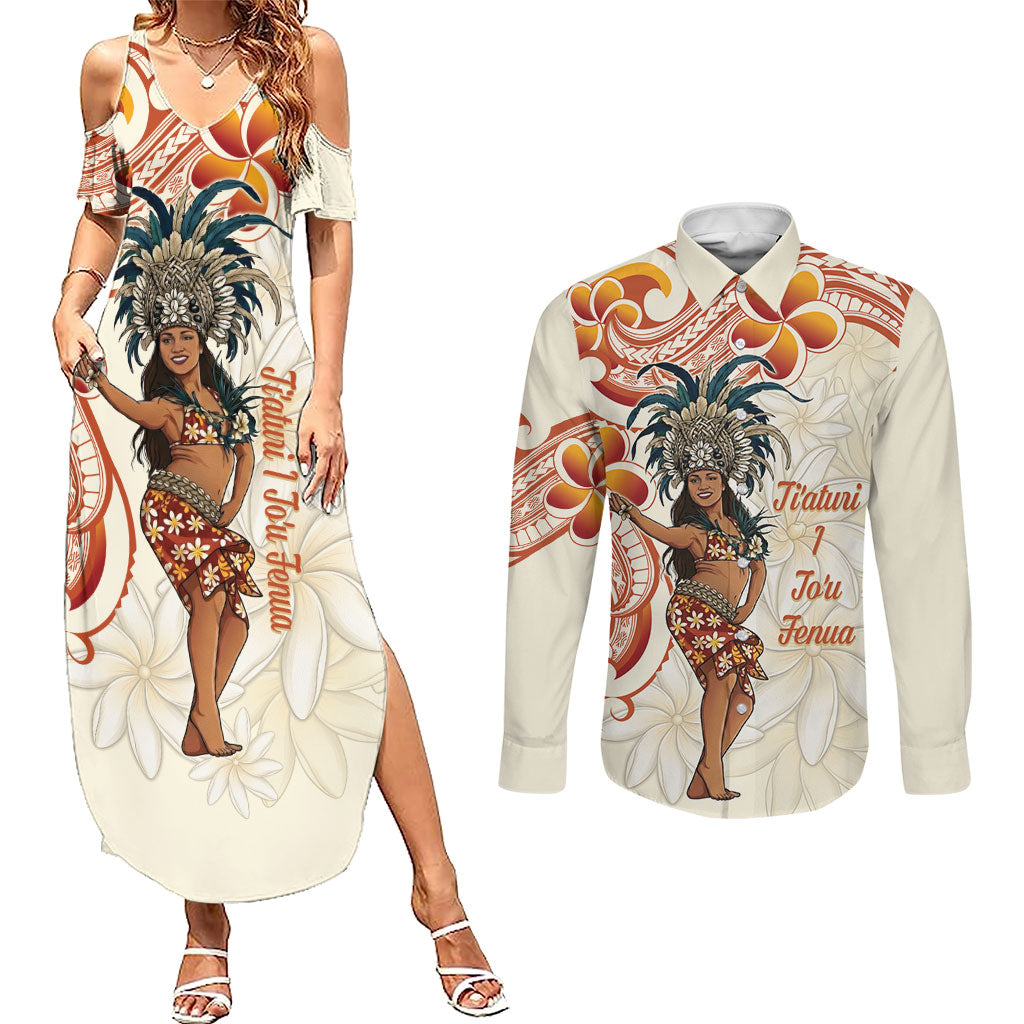 Heiva i Tahiti Couples Matching Summer Maxi Dress and Long Sleeve Button Shirt Ori Tahitian Dance Tiare Maori