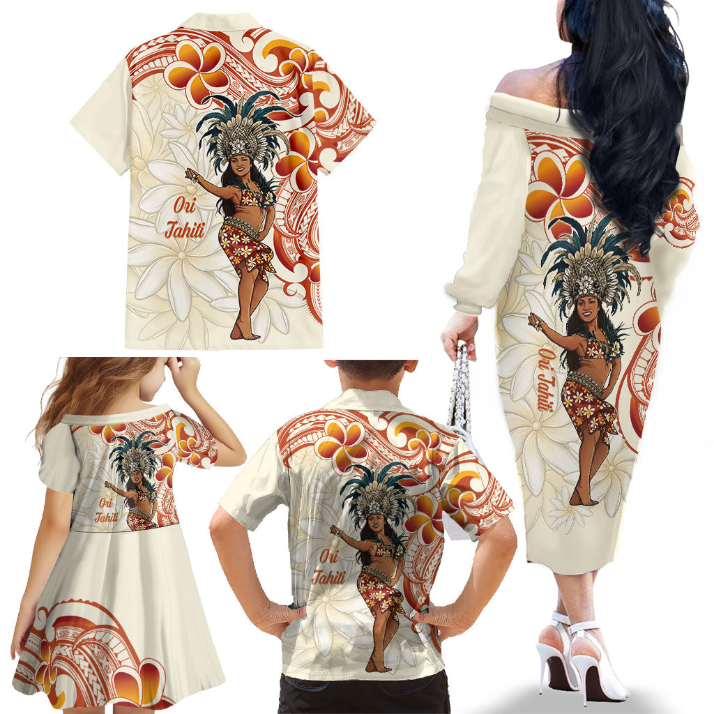 Heiva i Tahiti Family Matching Off The Shoulder Long Sleeve Dress and Hawaiian Shirt Ori Tahitian Dance Tiare Maori