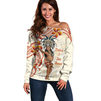 Heiva i Tahiti Off Shoulder Sweater Ori Tahitian Dance Tiare Maori LT14 Women Beige - Polynesian Pride