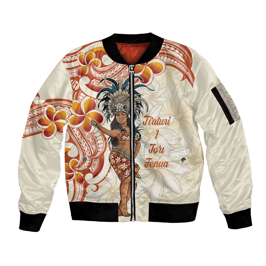 Heiva i Tahiti Sleeve Zip Bomber Jacket Ori Tahitian Dance Tiare Maori LT14 Unisex Beige - Polynesian Pride