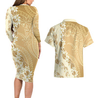 Heiva i Tahiti Couples Matching Long Sleeve Bodycon Dress and Hawaiian Shirt Tahitian Tiare Maori Cowrie Lei Brown