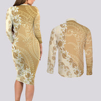 Heiva i Tahiti Couples Matching Long Sleeve Bodycon Dress and Long Sleeve Button Shirt Tahitian Tiare Maori Cowrie Lei Brown