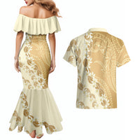 Heiva i Tahiti Couples Matching Mermaid Dress and Hawaiian Shirt Tahitian Tiare Maori Cowrie Lei Brown