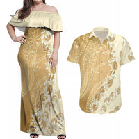 Heiva i Tahiti Couples Matching Off Shoulder Maxi Dress and Hawaiian Shirt Tahitian Tiare Maori Cowrie Lei Brown