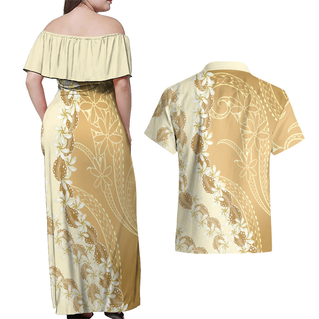 Heiva i Tahiti Couples Matching Off Shoulder Maxi Dress and Hawaiian Shirt Tahitian Tiare Maori Cowrie Lei Brown