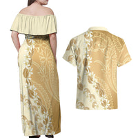 Heiva i Tahiti Couples Matching Off Shoulder Maxi Dress and Hawaiian Shirt Tahitian Tiare Maori Cowrie Lei Brown