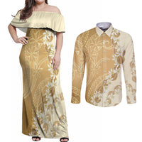 Heiva i Tahiti Couples Matching Off Shoulder Maxi Dress and Long Sleeve Button Shirt Tahitian Tiare Maori Cowrie Lei Brown