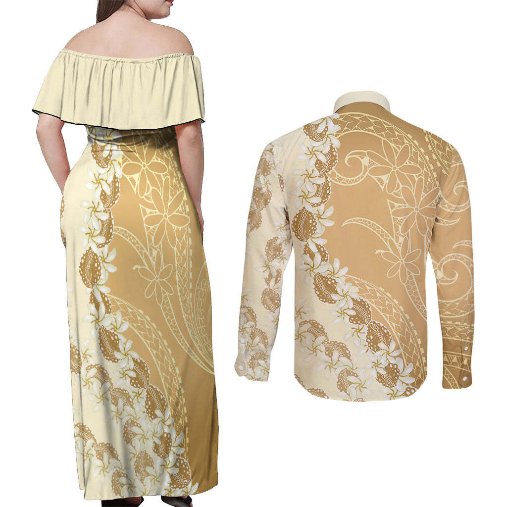 Heiva i Tahiti Couples Matching Off Shoulder Maxi Dress and Long Sleeve Button Shirt Tahitian Tiare Maori Cowrie Lei Brown
