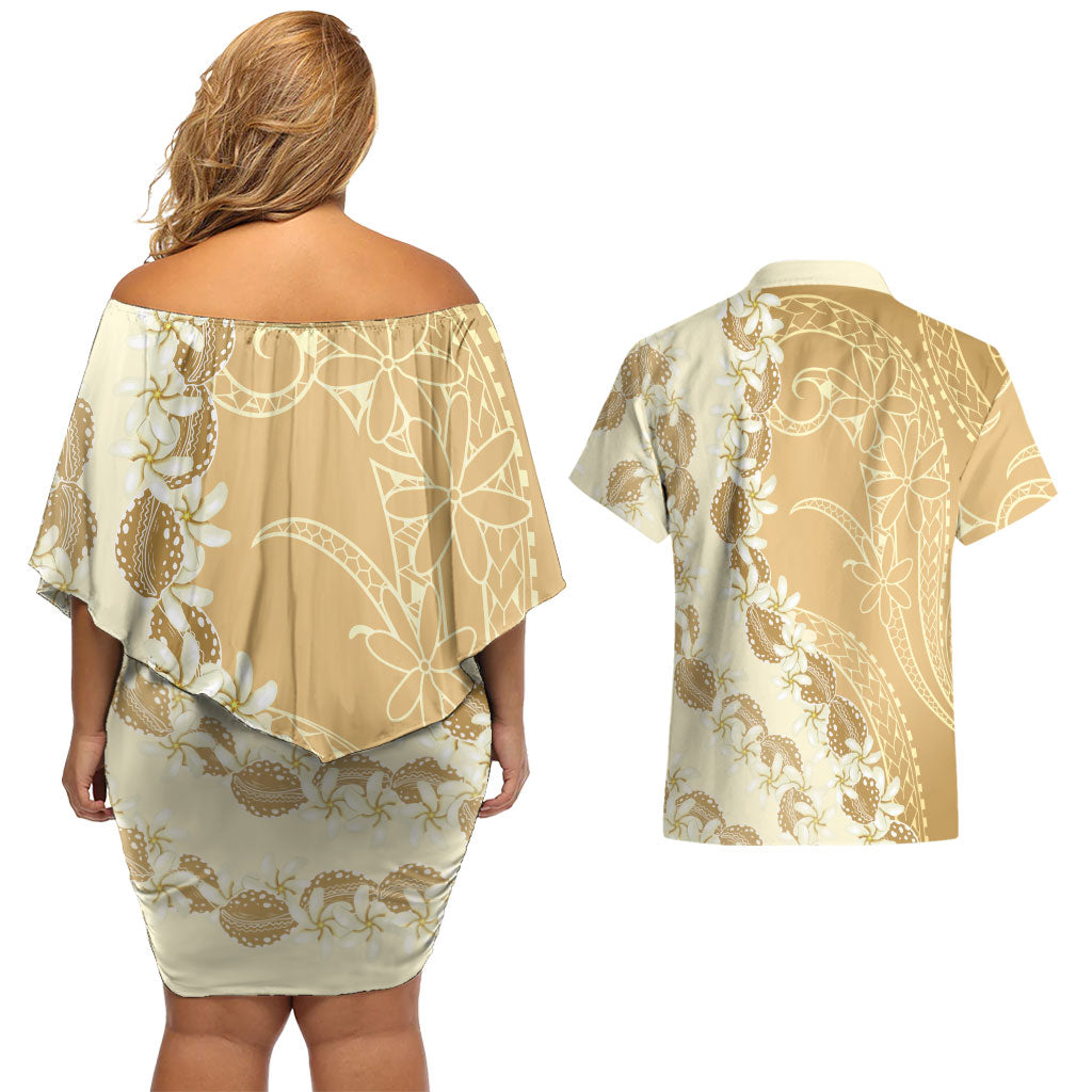 Heiva i Tahiti Couples Matching Off Shoulder Short Dress and Hawaiian Shirt Tahitian Tiare Maori Cowrie Lei Brown