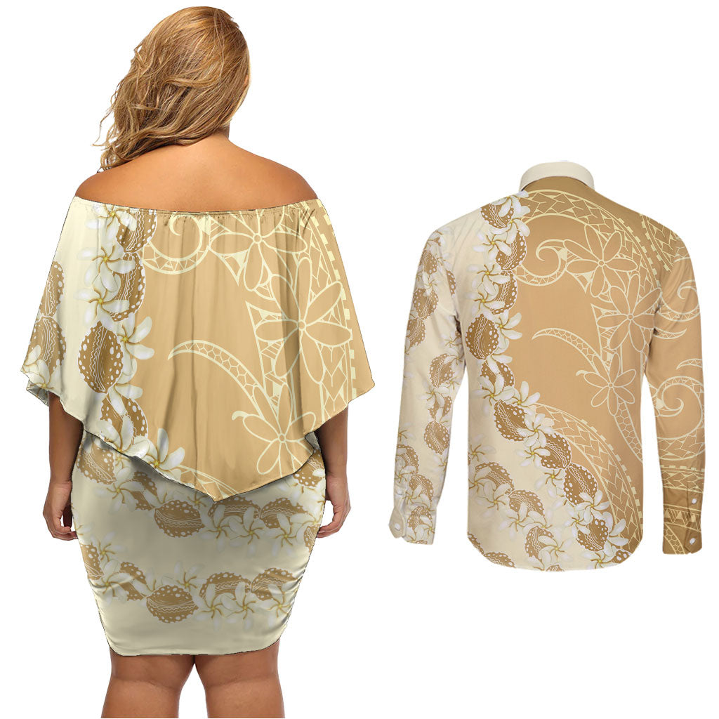 Heiva i Tahiti Couples Matching Off Shoulder Short Dress and Long Sleeve Button Shirt Tahitian Tiare Maori Cowrie Lei Brown