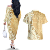 Heiva i Tahiti Couples Matching Off The Shoulder Long Sleeve Dress and Hawaiian Shirt Tahitian Tiare Maori Cowrie Lei Brown