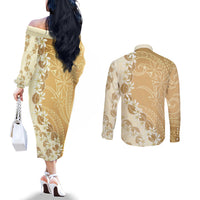 Heiva i Tahiti Couples Matching Off The Shoulder Long Sleeve Dress and Long Sleeve Button Shirt Tahitian Tiare Maori Cowrie Lei Brown