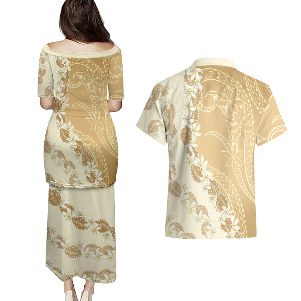 Heiva i Tahiti Couples Matching Puletasi and Hawaiian Shirt Tahitian Tiare Maori Cowrie Lei Brown