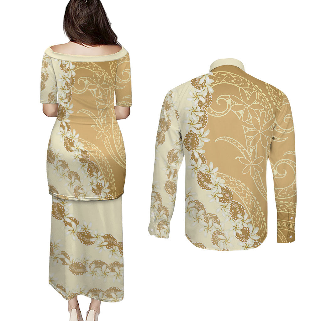 Heiva i Tahiti Couples Matching Puletasi and Long Sleeve Button Shirt Tahitian Tiare Maori Cowrie Lei Brown