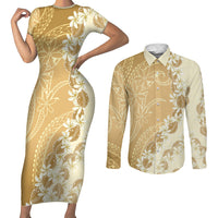 Heiva i Tahiti Couples Matching Short Sleeve Bodycon Dress and Long Sleeve Button Shirt Tahitian Tiare Maori Cowrie Lei Brown