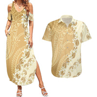 Heiva i Tahiti Couples Matching Summer Maxi Dress and Hawaiian Shirt Tahitian Tiare Maori Cowrie Lei Brown