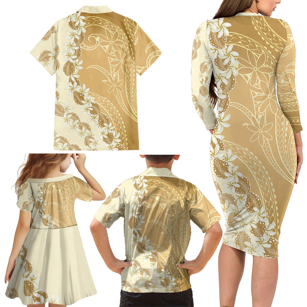 Heiva i Tahiti Family Matching Long Sleeve Bodycon Dress and Hawaiian Shirt Tahitian Tiare Maori Cowrie Lei Brown