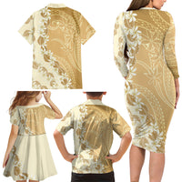 Heiva i Tahiti Family Matching Long Sleeve Bodycon Dress and Hawaiian Shirt Tahitian Tiare Maori Cowrie Lei Brown