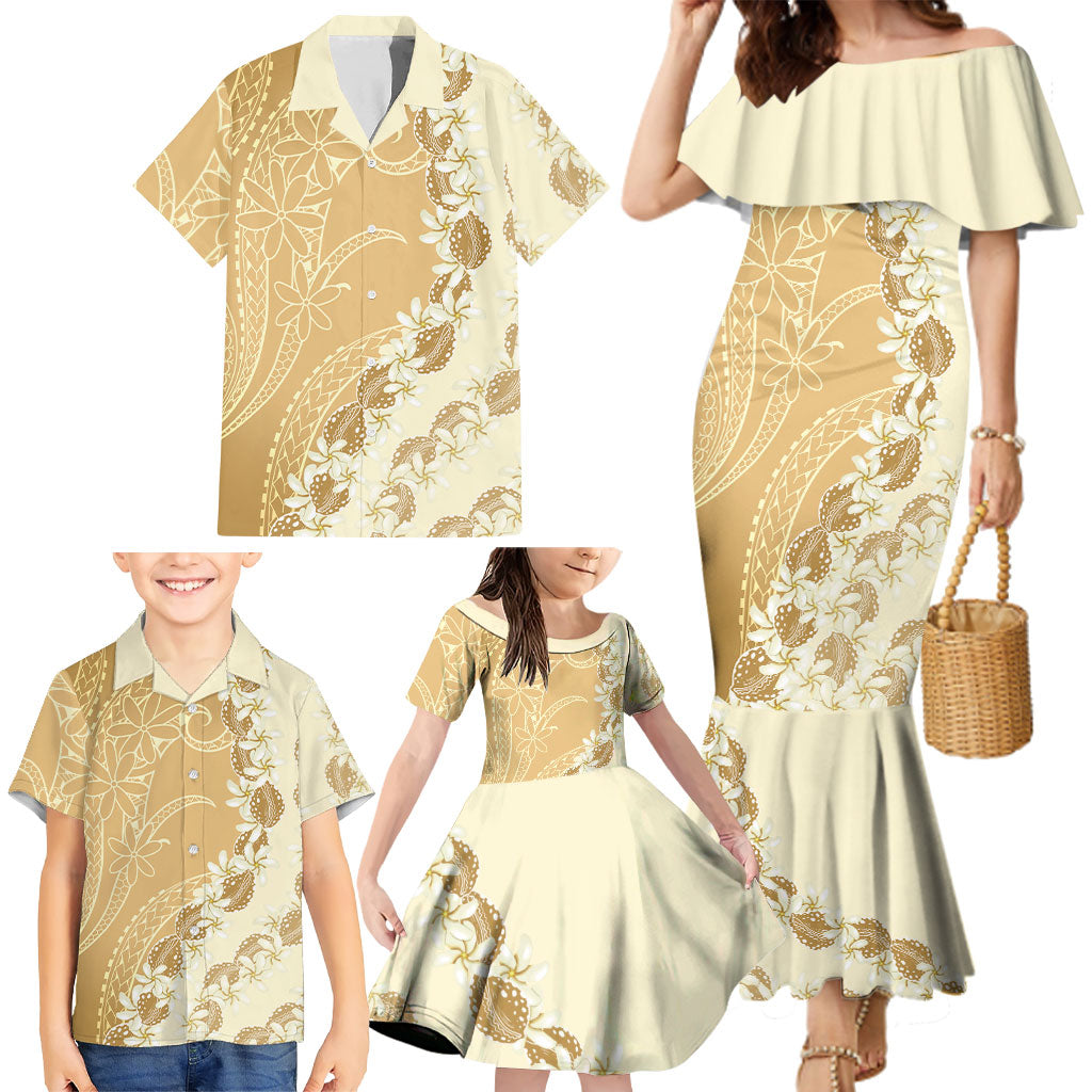 Heiva i Tahiti Family Matching Mermaid Dress and Hawaiian Shirt Tahitian Tiare Maori Cowrie Lei Brown