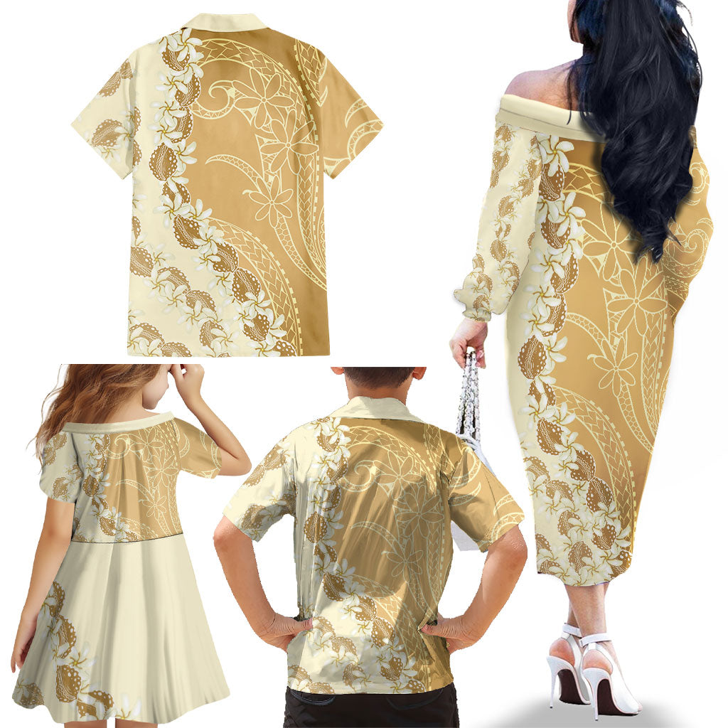 Heiva i Tahiti Family Matching Off The Shoulder Long Sleeve Dress and Hawaiian Shirt Tahitian Tiare Maori Cowrie Lei Brown