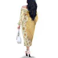 Heiva i Tahiti Family Matching Off The Shoulder Long Sleeve Dress and Hawaiian Shirt Tahitian Tiare Maori Cowrie Lei Brown