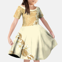 Heiva i Tahiti Family Matching Off Shoulder Short Dress and Hawaiian Shirt Tahitian Tiare Maori Cowrie Lei Brown