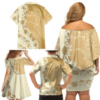 Heiva i Tahiti Family Matching Off Shoulder Short Dress and Hawaiian Shirt Tahitian Tiare Maori Cowrie Lei Brown