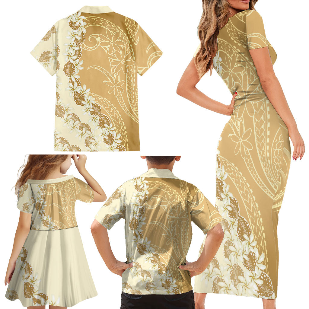 Heiva i Tahiti Family Matching Short Sleeve Bodycon Dress and Hawaiian Shirt Tahitian Tiare Maori Cowrie Lei Brown